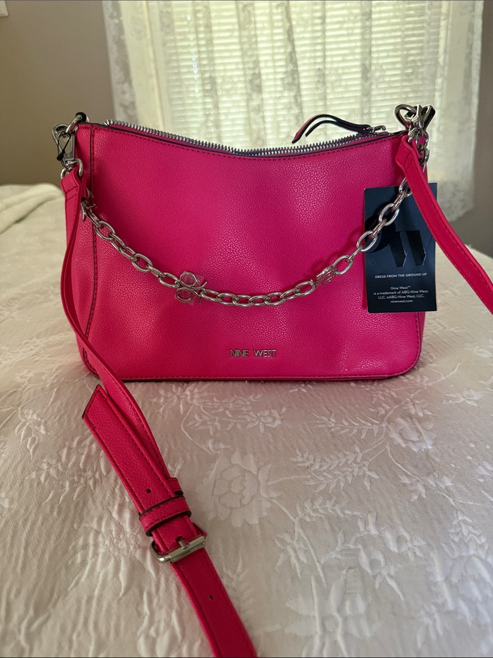 Nine West Bright Pink Pebbled Crossbody with Silver Chain